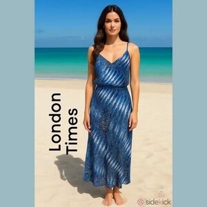 LONDON Times-NWT 14 maxi dress tall.  Pretty  blues/palm leaf pattern! New w/tag